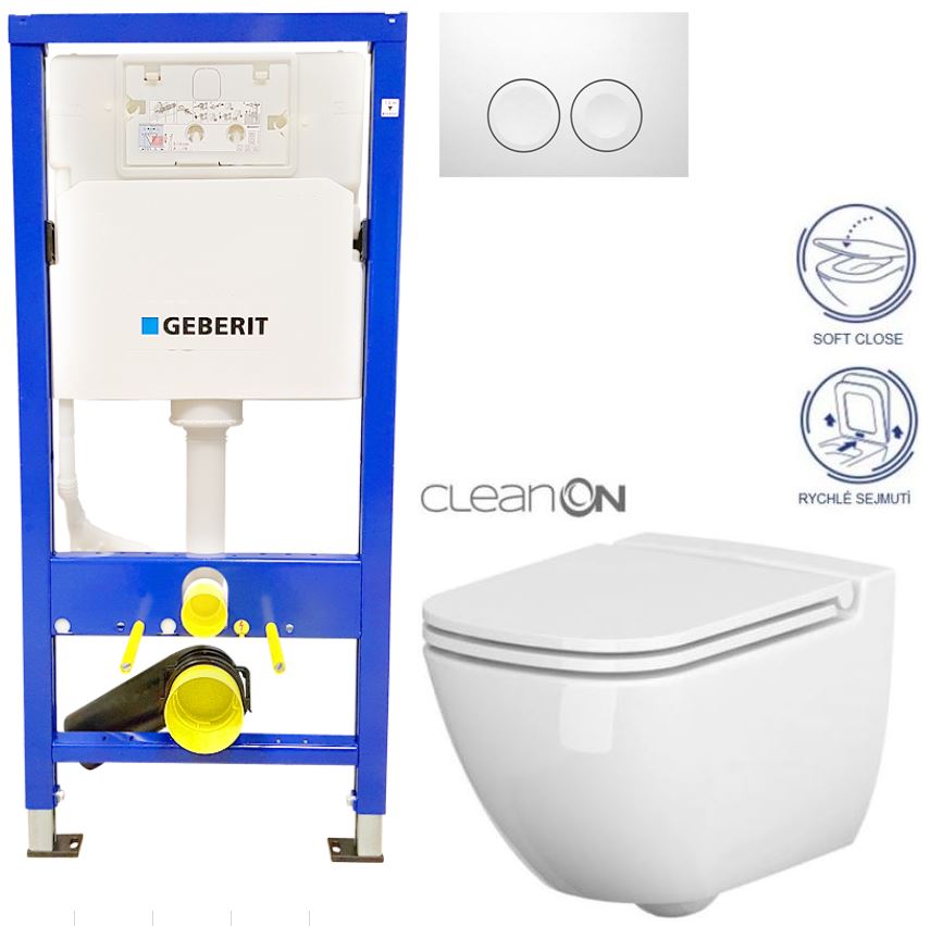 Obrázok /SET/GEBERIT - SET Duofix Sada pro závěsné WC 458.103.00.1 + tlačítko DELTA21 bílé + WC CERSANIT CASPIA CLEANON + SEDÁTKO (458.103.00.1 21BI CP1)