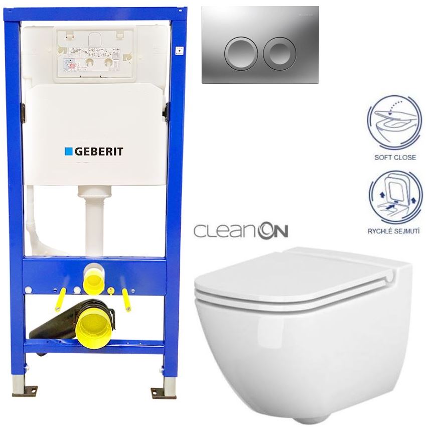 Obrázok /SET/GEBERIT - SET Duofix Sada pro závěsné WC 458.103.00.1 + tlačítko DELTA21 matné + WC CERSANIT CASPIA CLEANON + SEDÁTKO (458.103.00.1 21MA CP1)