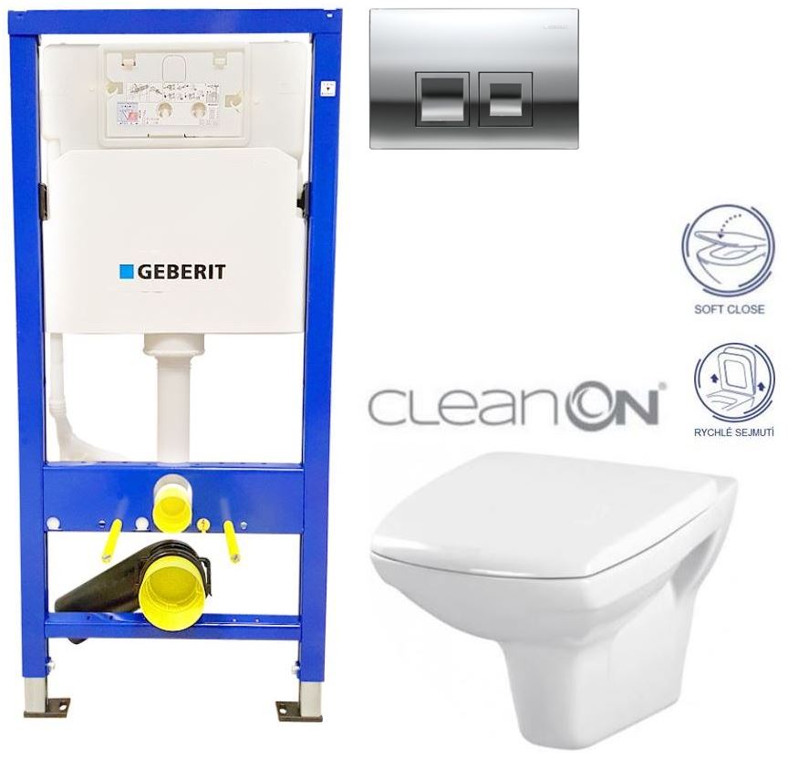 Obrázok GEBERIT - SET Duofix Sada pro závěsné WC 458.103.00.1 + tlačítko DELTA50 CHROM + WC CERSANIT CARINA CLEANON + SEDÁTKO (458.103.00.1 50CR CA2)