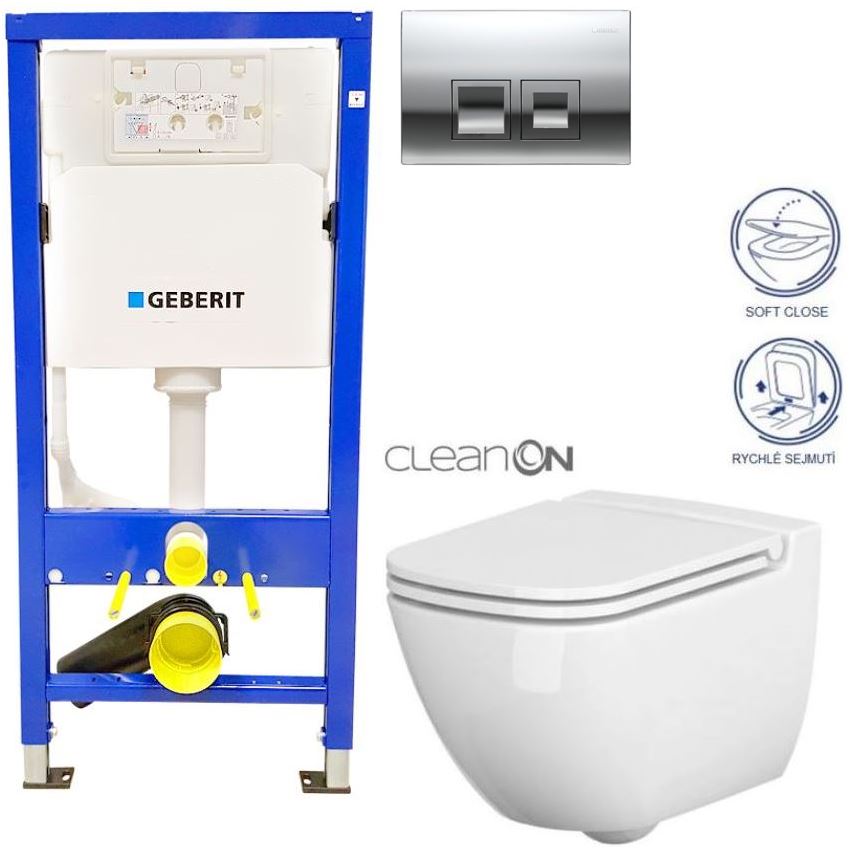 Obrázok GEBERIT - SET Duofix Sada pro závěsné WC 458.103.00.1 + tlačítko DELTA50 CHROM + WC CERSANIT CASPIA CLEANON + SEDÁTKO (458.103.00.1 50CR CP1)