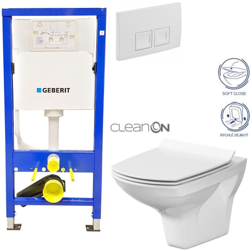 Obrázok /SET/GEBERIT - SET Duofix Sada pro závěsné WC 458.103.00.1 + tlačítko DELTA50 bílé + WC CERSANIT CARINA CLEANON + SEDÁTKO (458.103.00.1 50BI CA3)