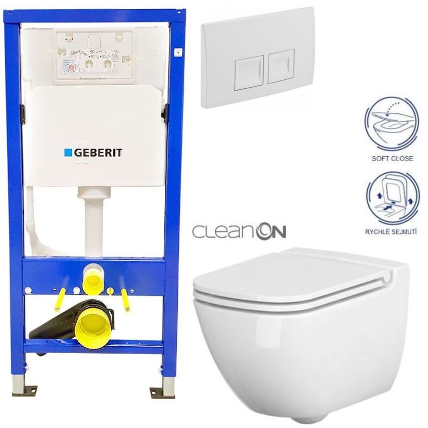 Obrázok /SET/GEBERIT - SET Duofix Sada pro závěsné WC 458.103.00.1 + tlačítko DELTA50 bílé + WC CERSANIT CASPIA CLEANON + SEDÁTKO (458.103.00.1 50BI CP1)