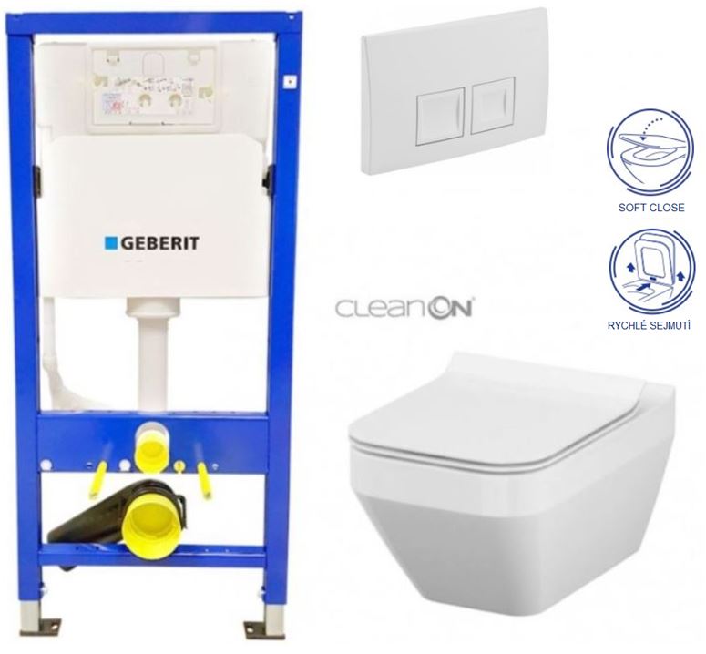 Obrázok /SET/GEBERIT - SET Duofix Sada pro závěsné WC 458.103.00.1 + tlačítko DELTA50 bílé + WC CERSANIT CREA ČTVEREC CLEANON + SEDÁTKO (458.103.00.1 50BI CR2)