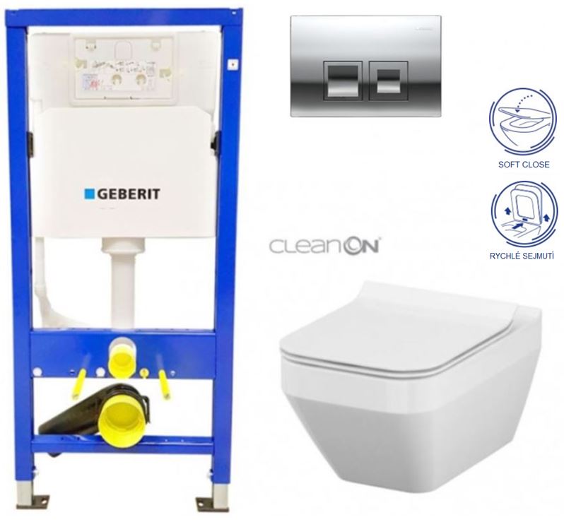 Obrázok GEBERIT - SET Duofix Sada pro závěsné WC 458.103.00.1 + tlačítko DELTA50 CHROM + WC CERSANIT CREA ČTVEREC CLEANON + SEDÁTKO (458.103.00.1 50CR CR2)