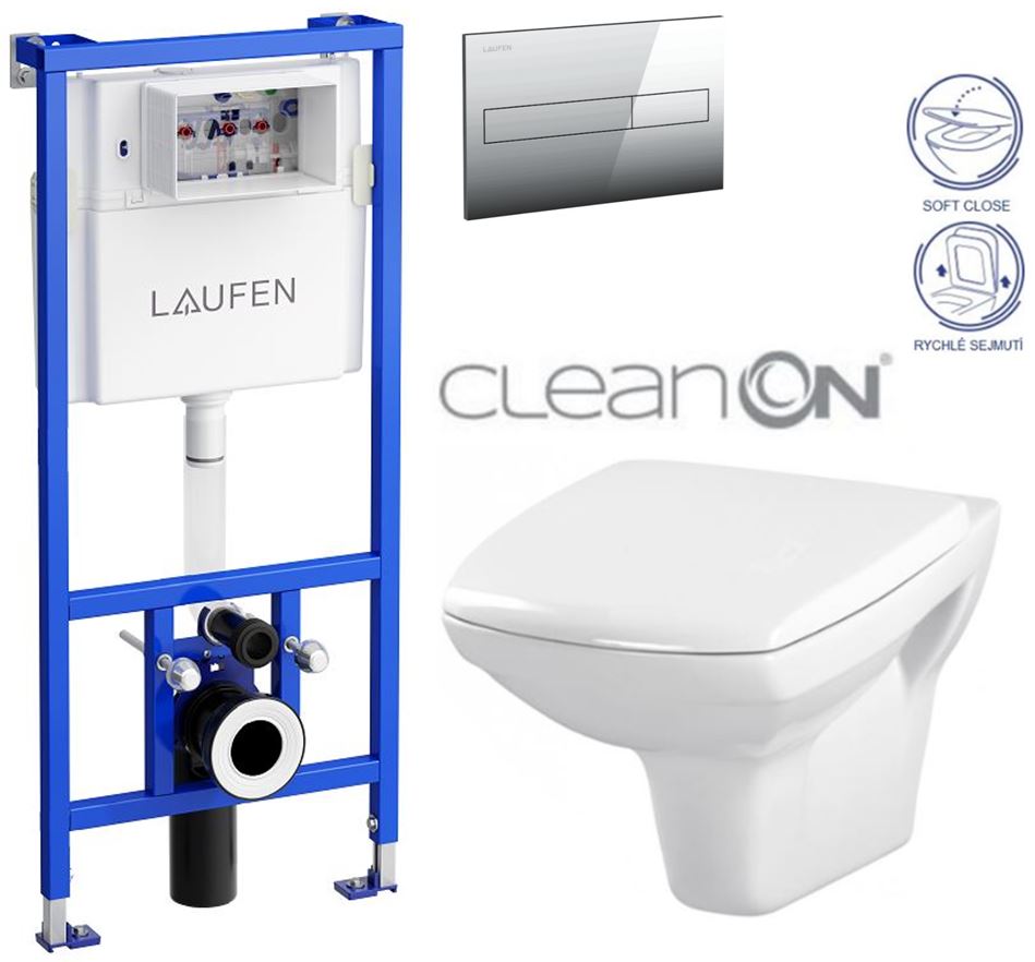 Obrázok /SET/LAUFEN - Rámový podomítkový modul CW1 SET + ovládací tlačítko CHROM + WC CERSANIT CARINA CLEANON + SEDÁTKO (H8946600000001CR CA2)