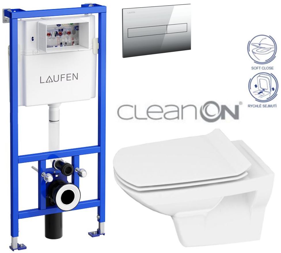 Obrázok /SET/LAUFEN - Rámový podomítkový modul CW1 SET + ovládací tlačítko CHROM + WC CERSANIT CARINA CLEANON + SEDÁTKO (H8946600000001CR CA3)