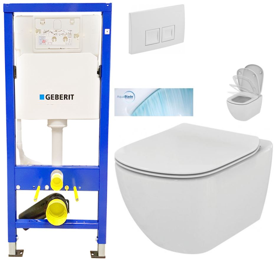 Obrázok /SET/GEBERIT - SET Duofix Sada pre závesné WC 458.103.00.1 + tlačidlo DELTA50 biele + WC TESI so sedadlom SoftClose, AquaBlade (458.103.00.1 50BI TE1)