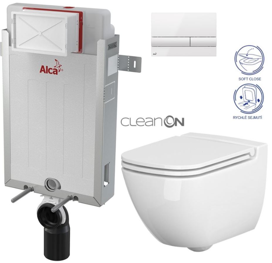 Obrázok /SET/ALCAPLAST - SET Renovmodul - predstenový inštalačný systém + tlačidlo M1710 + WC CERSANIT CLEANON CASPIA + SEDADLO (AM115/1000 M1710 CP1)