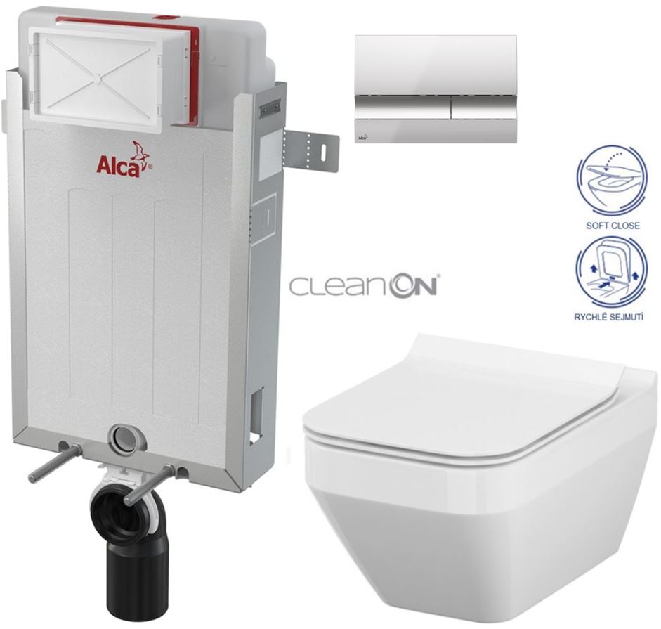 Obrázok /SET/ALCAPLAST - SET Renovmodul - predstenový inštalačný systém + tlačidlo M1721 + WC CERSANIT CLEANON CREA ŠTVOREC + SEDADLO (AM115/1000 M1721 CR2)