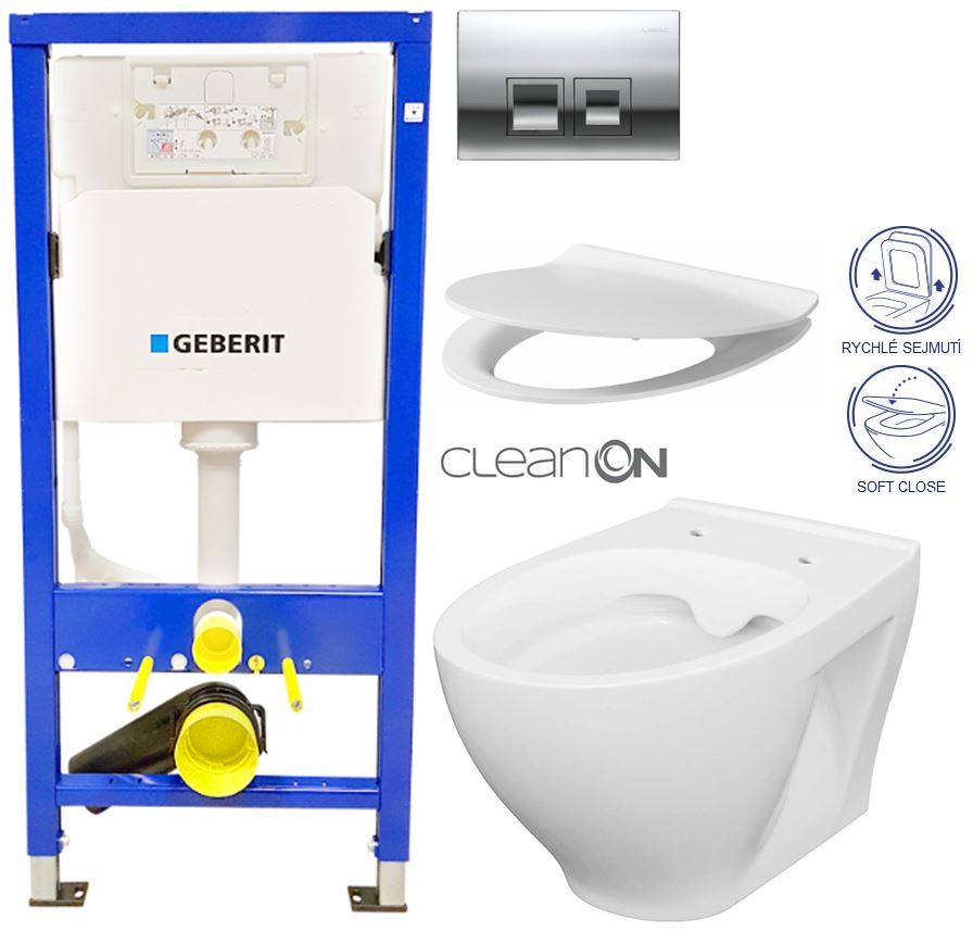 Obrázok GEBERIT - SET Duofix Sada pre závesné WC 458.103.00.1 + tlačidlo DELTA50 CHRÓM + WC CERSANIT MODUO CLEANON + SEDADLO (458.103.00.1 50CR MO1)