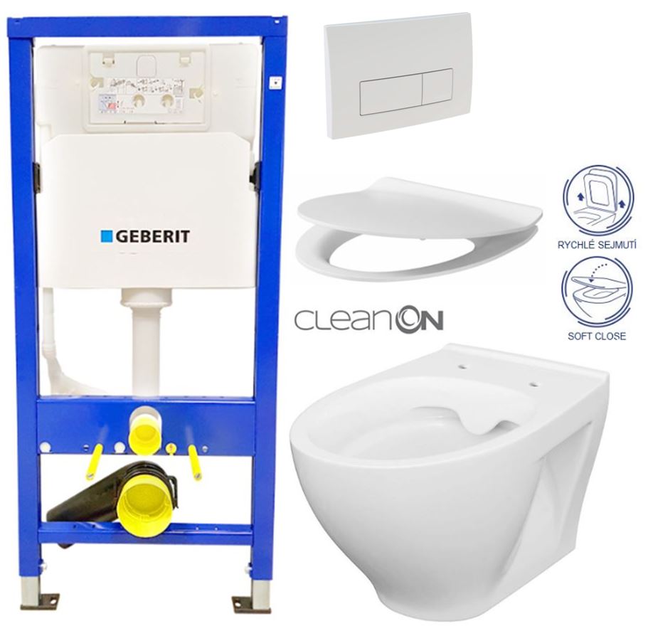 Obrázok /SET/GEBERIT - SET Duofix Sada pre závesné WC 458.103.00.1 + tlačidlo DELTA51 BIELE + WC CERSANIT CLEAN ON módov + SEDADLO (458.103.00.1 51BI MO1)