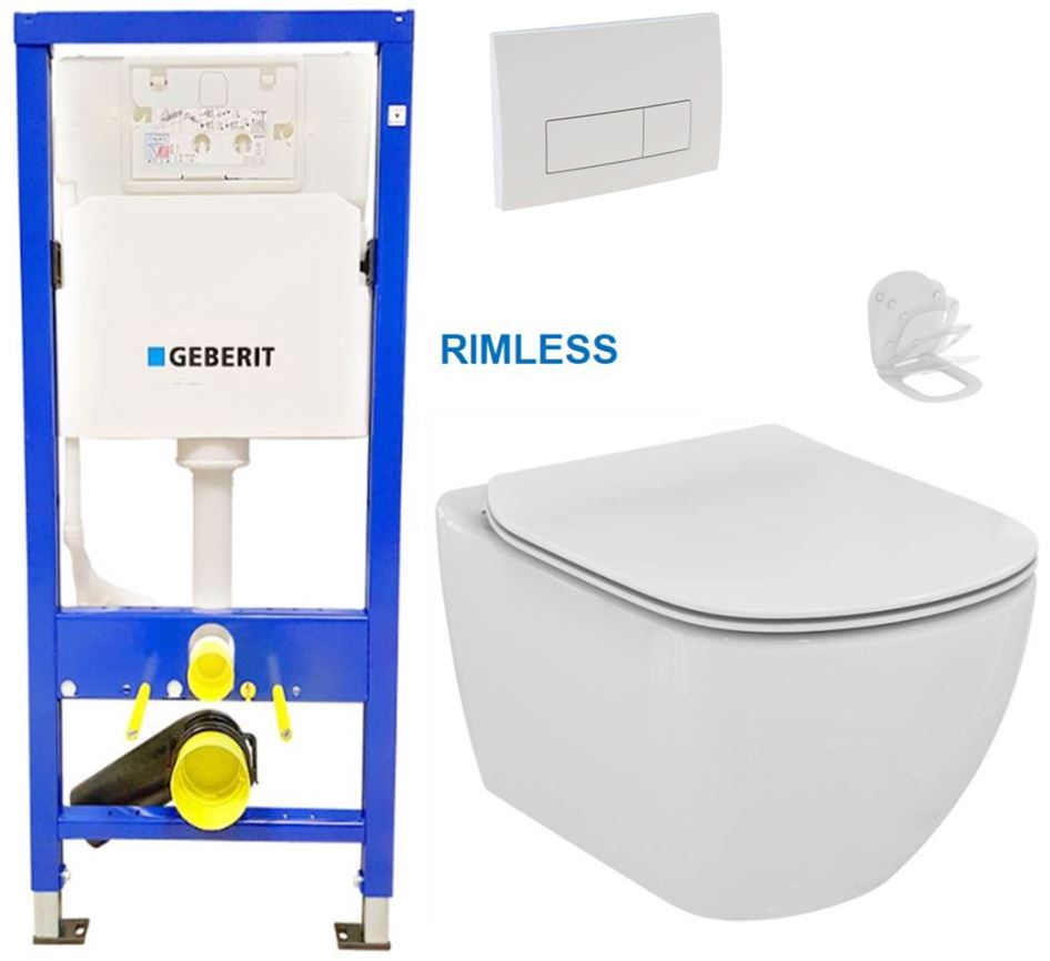 Obrázok /SET/GEBERIT - SET Duofix Sada pre závesné WC 458.103.00.1 + tlačidlo DELTA51 BIELE + WC TESI RIMLESS (458.103.00.1 51BI TE2)