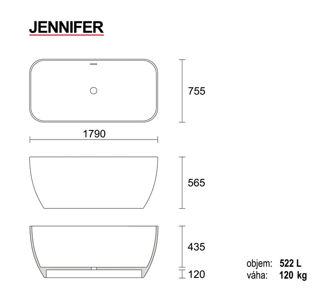 Obrázok Aquatek - JENNIFER 179x75,5cm koupací vana z litého mramoru (JENNIFER)