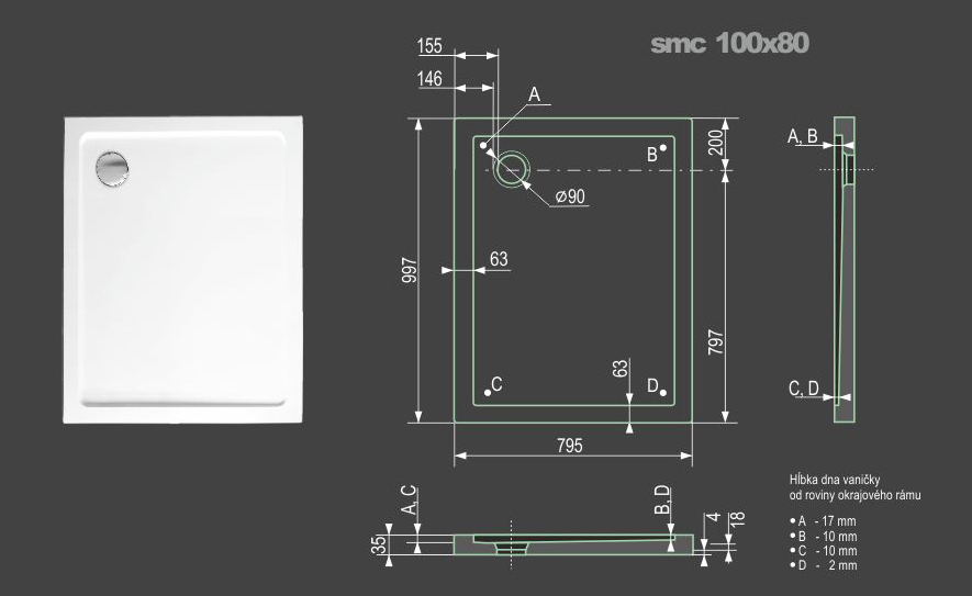 Obrázok Aquatek - SMC 100x80cm sprchová vanička z tvrzeného polymeru , doplňky čelní krycí panel (SMC10080-23)