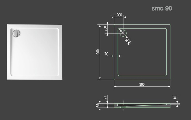 Obrázok Aquatek - SMC 90x90cm sprchová vanička z tvrzeného polymeru čtvercová (SMC90CTV)