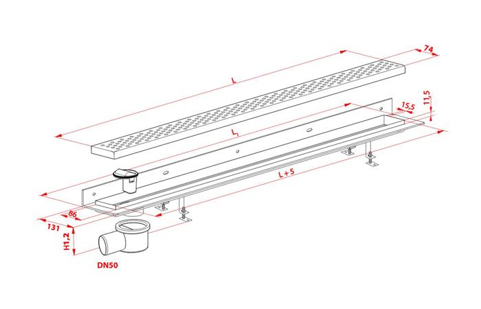 Obrázok Plast Brno - PB KLASIK odtokový žľab k stene, 700 mm (kút min.800mm) sifón vľavo SZK0701 SZK0701