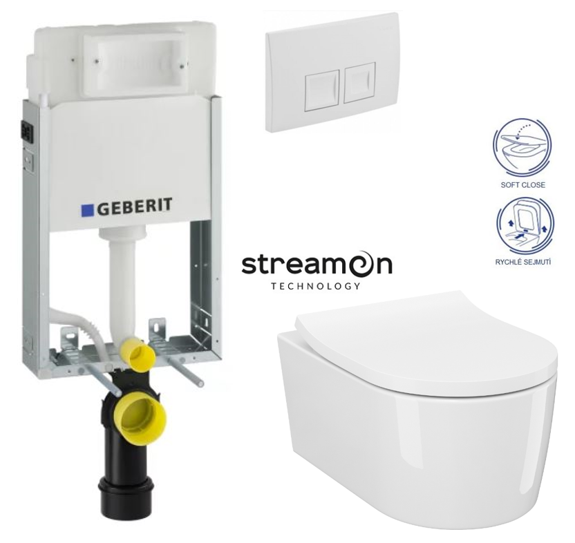 Obrázok /SET/GEBERIT - SET KOMBIFIXBasic včetně bílého ovládacího tlačítka DELTA 50 + WC INVERTO se systémem STREAM ON + SEDATKO SLIM SOFT CLOSE (110.100.00.1 50BI IN1)