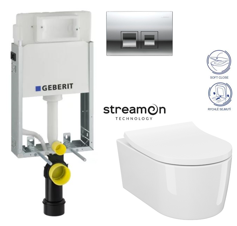 Obrázok /SET/GEBERIT - SET KOMBIFIXBasic včetně chromového ovládacího tlačítka DELTA 50 + WC INVERTO se systémem STREAM ON + SEDATKO SLIM SOFT CLOSE (110.100.00.1 50CR IN1)