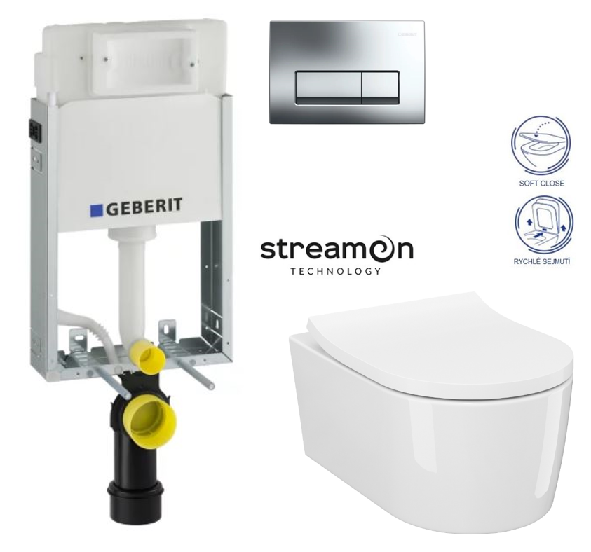 Obrázok /SET/GEBERIT - SET KOMBIFIXBasic včetně chromového ovládacího tlačítka DELTA 51 + WC INVERTO se systémem STREAM ON + SEDATKO SLIM SOFT CLOSE (110.100.00.1 51CR IN1)