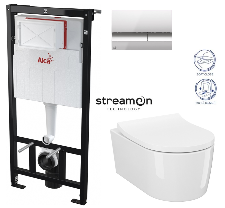 Obrázok /SET/ALCAPLAST - SET Sádromodul - předstěnový instalační systém s chromovým tlačítkem M1721 + WC INVERTO se systémem STREAM ON + SEDATKO SLIM SOFT CLOSE (AM101/1120 M1721 IN1)