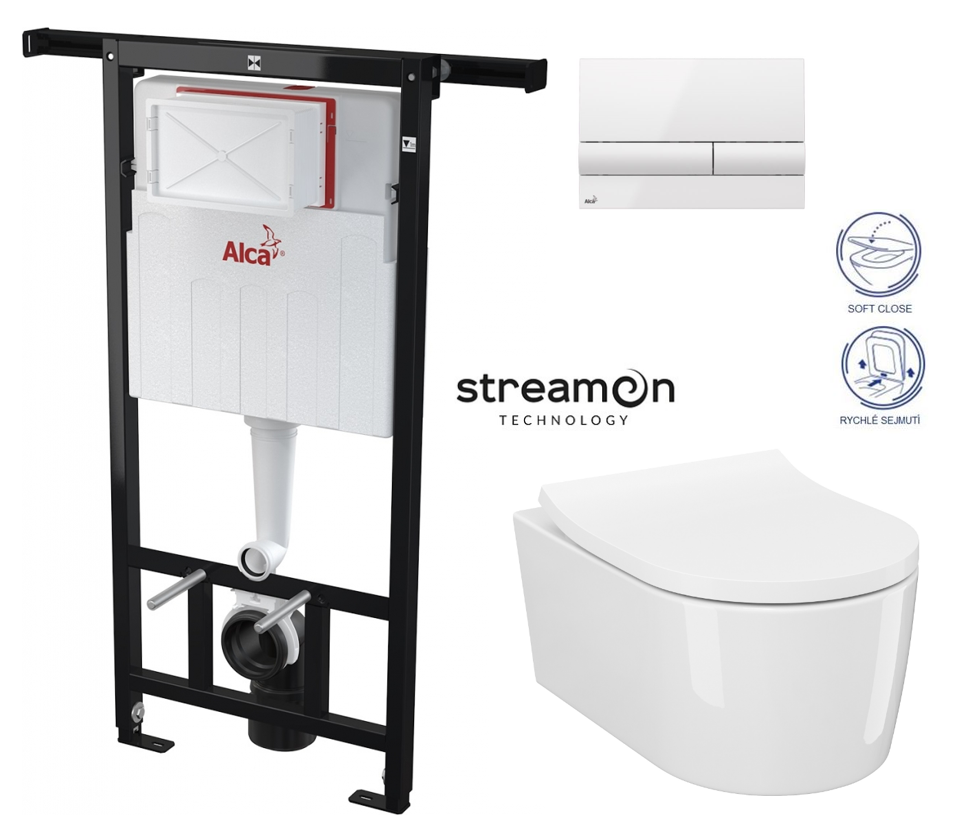 Obrázok /SET/ALCAPLAST - SET Jádromodul - předstěnový instalační systém s bílým tlačítkem M1710 + WC INVERTO se systémem STREAM ON + SEDATKO SLIM SOFT CLOSE (AM102/1120 M1710 IN1)