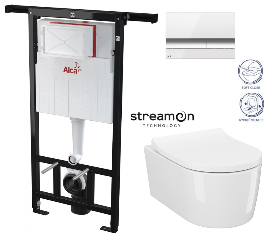 Obrázok /SET/ALCAPLAST - SET Jádromodul - předstěnový instalační systém s bílým/ chrom tlačítkem M1720-1 + WC INVERTO se systémem STREAM ON + SEDATKO SLIM SOFT CLOSE (AM102/1120 M1720-1 IN1)