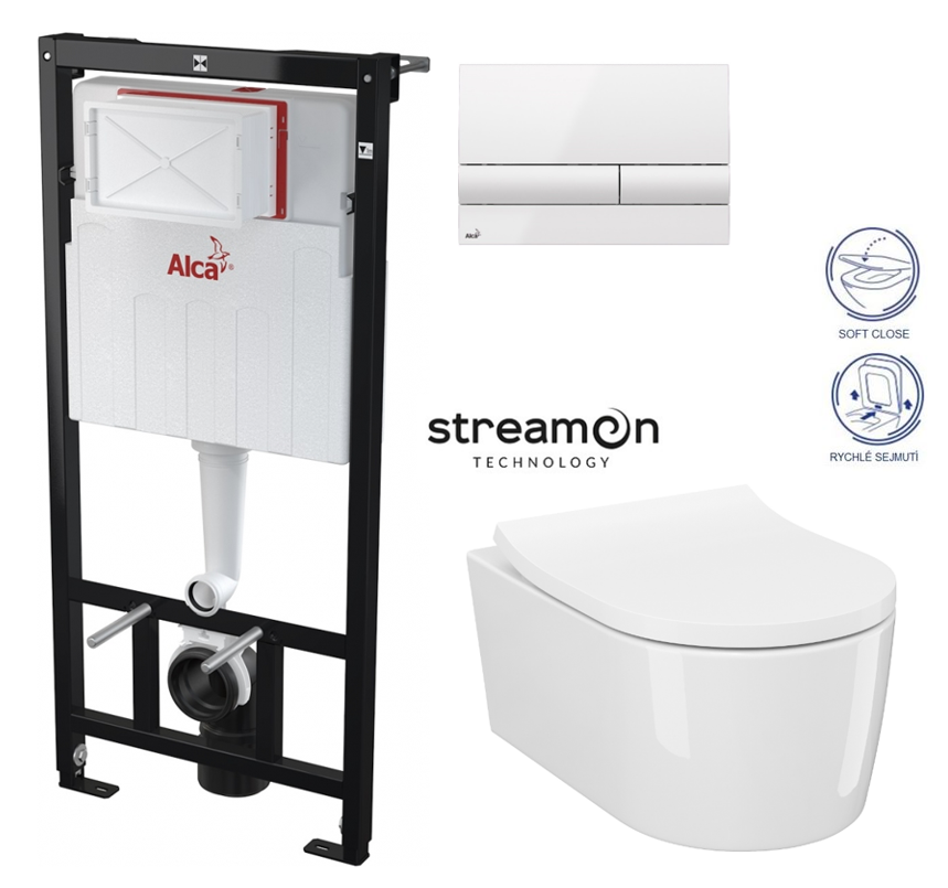 Obrázok /SET/ALCAPLAST - SET Sádromodul - předstěnový instalační systém s bílým tlačítkem M1710 + WC INVERTO se systémem STREAM ON + SEDATKO SLIM SOFT CLOSE (AM101/1120 M1710 IN1)