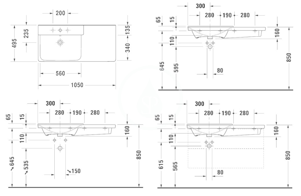 Obrázok DURAVIT DURAVIT - P3 Comforts Umyvadlo asymetrické 1050x495 mm, se 3 otvory pro baterii vlevo, s WonderGliss, alpská bílá (23331000301)