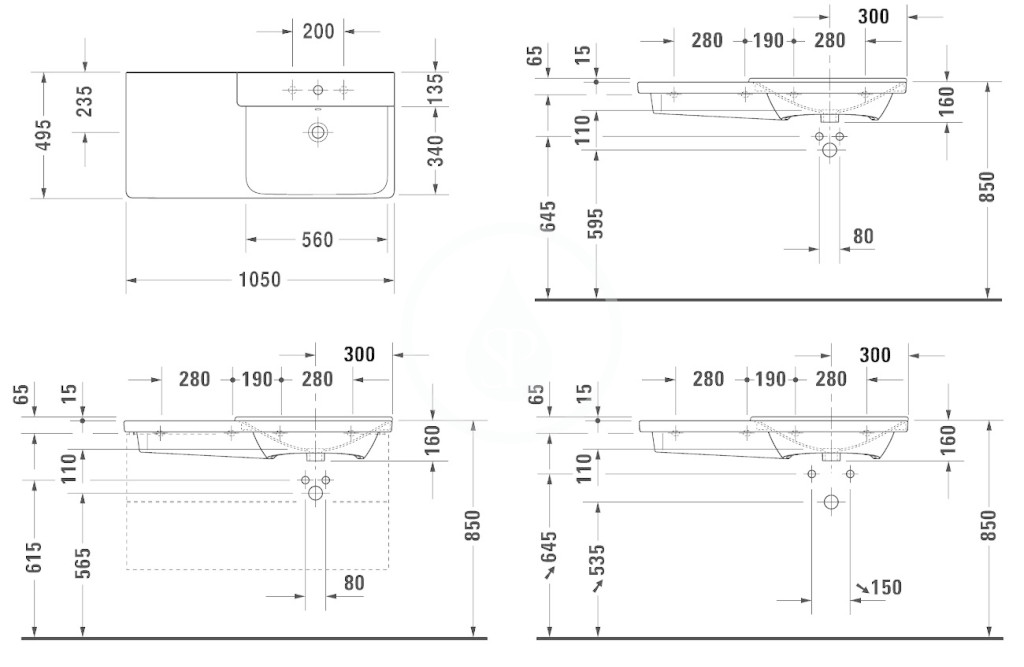 Obrázok DURAVIT DURAVIT - P3 Comforts Umyvadlo asymetrické 1050x495 mm, s 1 otvorem pro baterii vpravo, s WonderGliss, alpská bílá (23341000001)