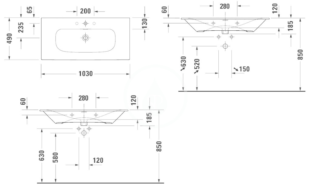 Obrázok DURAVIT DURAVIT - Viu Umyvadlo 1030x490 mm, se 3 otvory pro baterii, s WonderGliss, alpská bílá (23441000301)