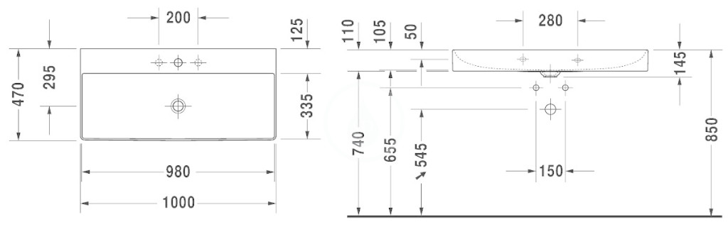 Obrázok DURAVIT DURAVIT - DuraSquare Umyvadlo 1000x470 mm, se 3 otvory pro baterii, DuraCeram, alpská bílá (2353100044)