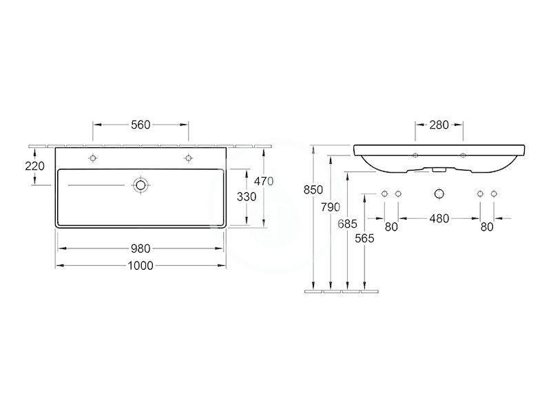 Obrázok VILLEROY & BOCH - Avento Umývadlo nábytkové 1000x470 mm, bez prepadu, 2 otvory na batériu, CeramicPlus, alpská biela 4156A1R1