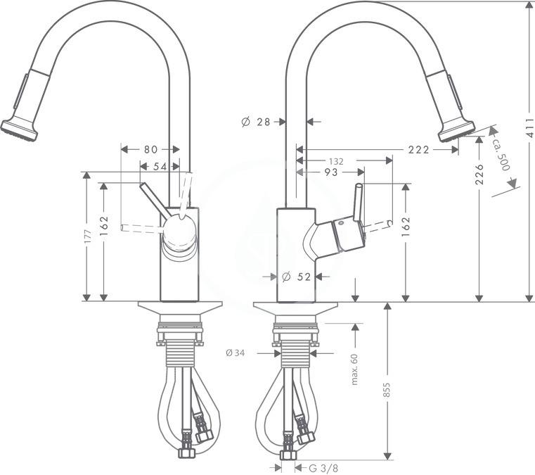 Obrázok Hansgrohe Talis M52 - Páková kuchynská batéria 220, Eco, vyťahovateľná sprška, 2jet, chróm 72831000