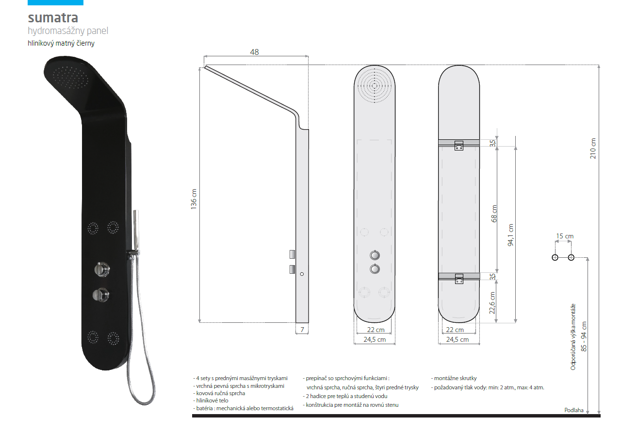 Obrázok Aquatek - Sumatra hydromasážní sprchový panel, způsob montáže na zeď (Sumatra-26)