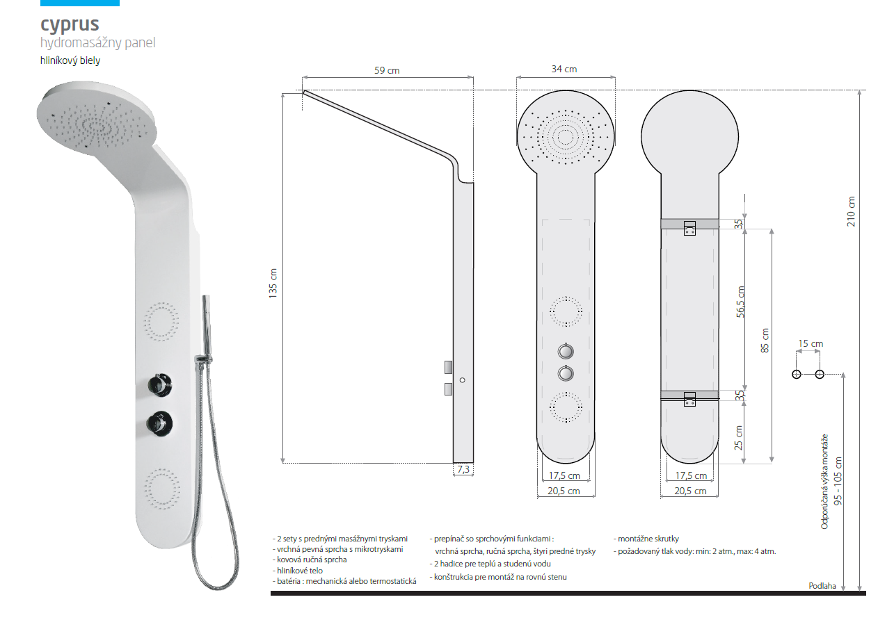 Obrázok Aquatek - Cyprus hydromasážní sprchový panel, způsob montáže na zeď (Cyprus-26)