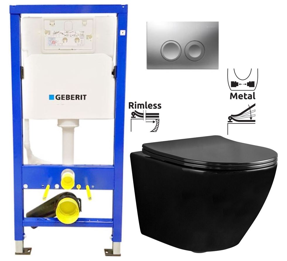 Obrázok GEBERIT DuofixBasic s matným tlačítkem DELTA21 + WC REA CARLO MINI RIMFLESS ČERNÁ + SEDÁTKO (458.103.00.1 21MA CL1)