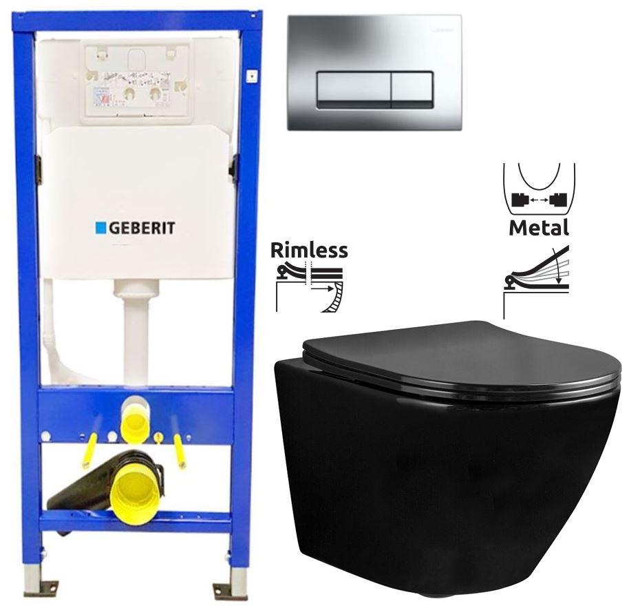 Obrázok GEBERIT DuofixBasic s chrómovým tlačidlom DELTA51 + WC REA CARLO MINI RIMFLESS ČERNÁ + SEDADLO 458.103.00.1 51CR CL1