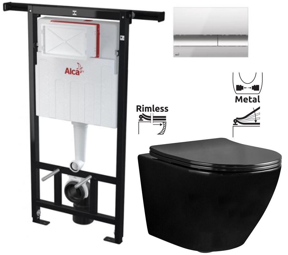 Obrázok ALCAPLAST Jádromodul - predstenový inštalačný systém s chrómovým tlačidlom M1721 + WC REA CARLO MINI RIMFLESS ČERNÁ + SEDADLO AM102/1120 M1721 CL1