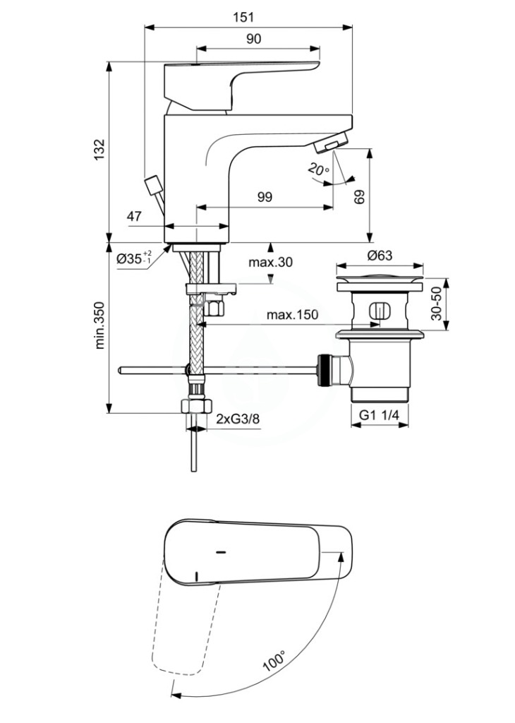 Obrázok IDEAL STANDARD - Ceraplan III Umyvadlová baterie SLIM s výpustí, BlueStart, chrom (BC566AA)