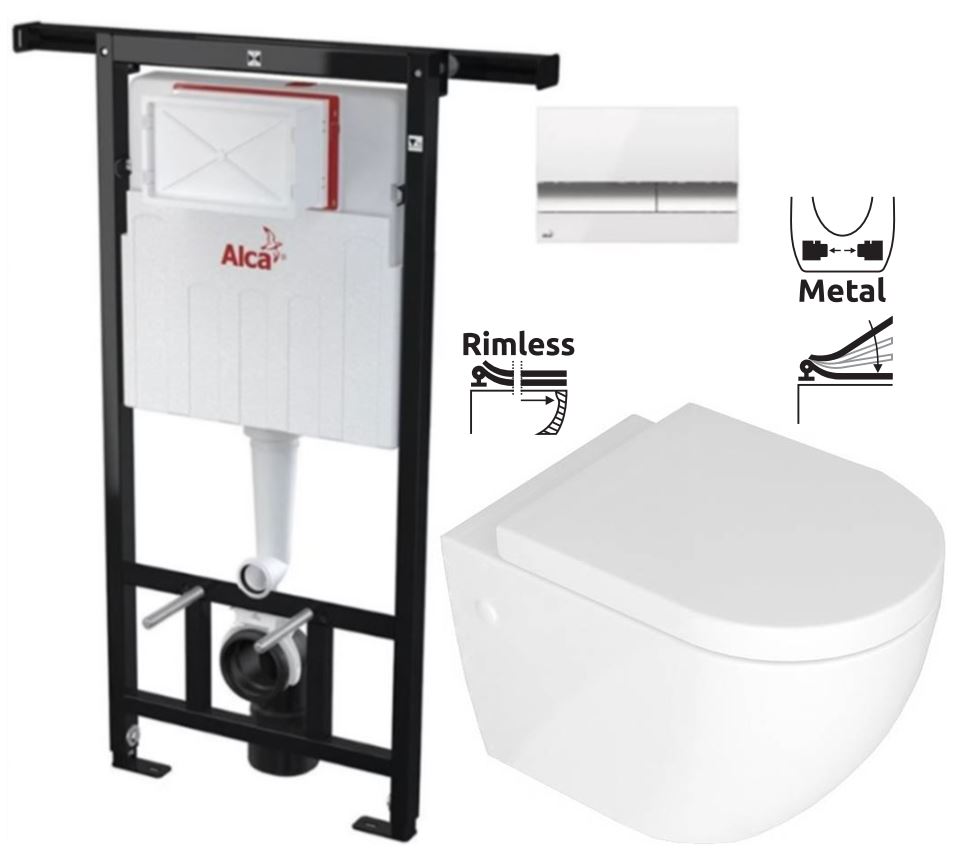 Obrázok ALCAPLAST Jádromodul - předstěnový instalační systém s bílým/ chrom tlačítkem M1720-1 + WC REA CARLO MINI RIMFLESS + SEDÁTKO (AM102/1120 M1720-1 CM1)