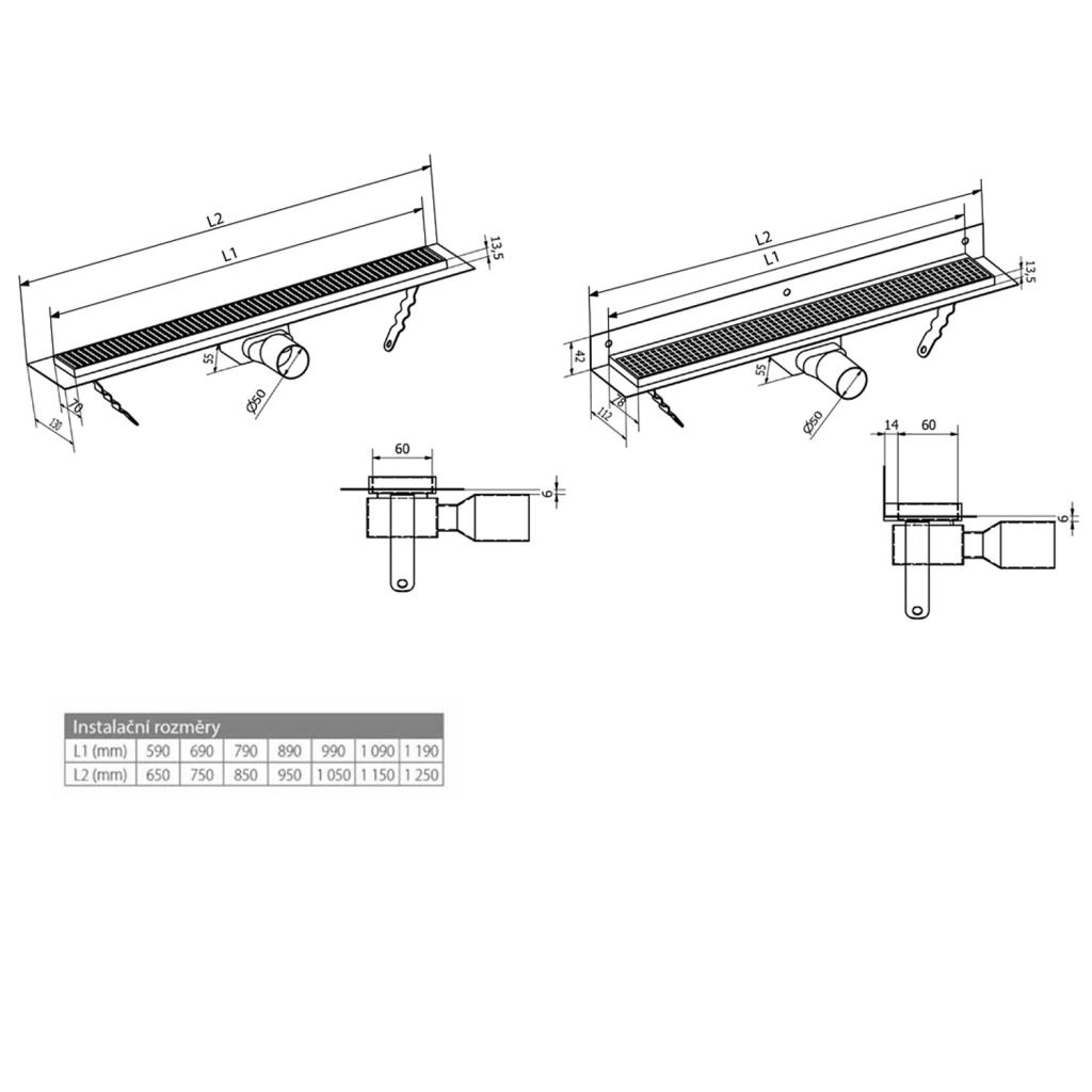 Obrázok Gelco MANUS BLACK nerezový sprchový kanálik s roštom ONDA, k stene, 650x112x55 mm