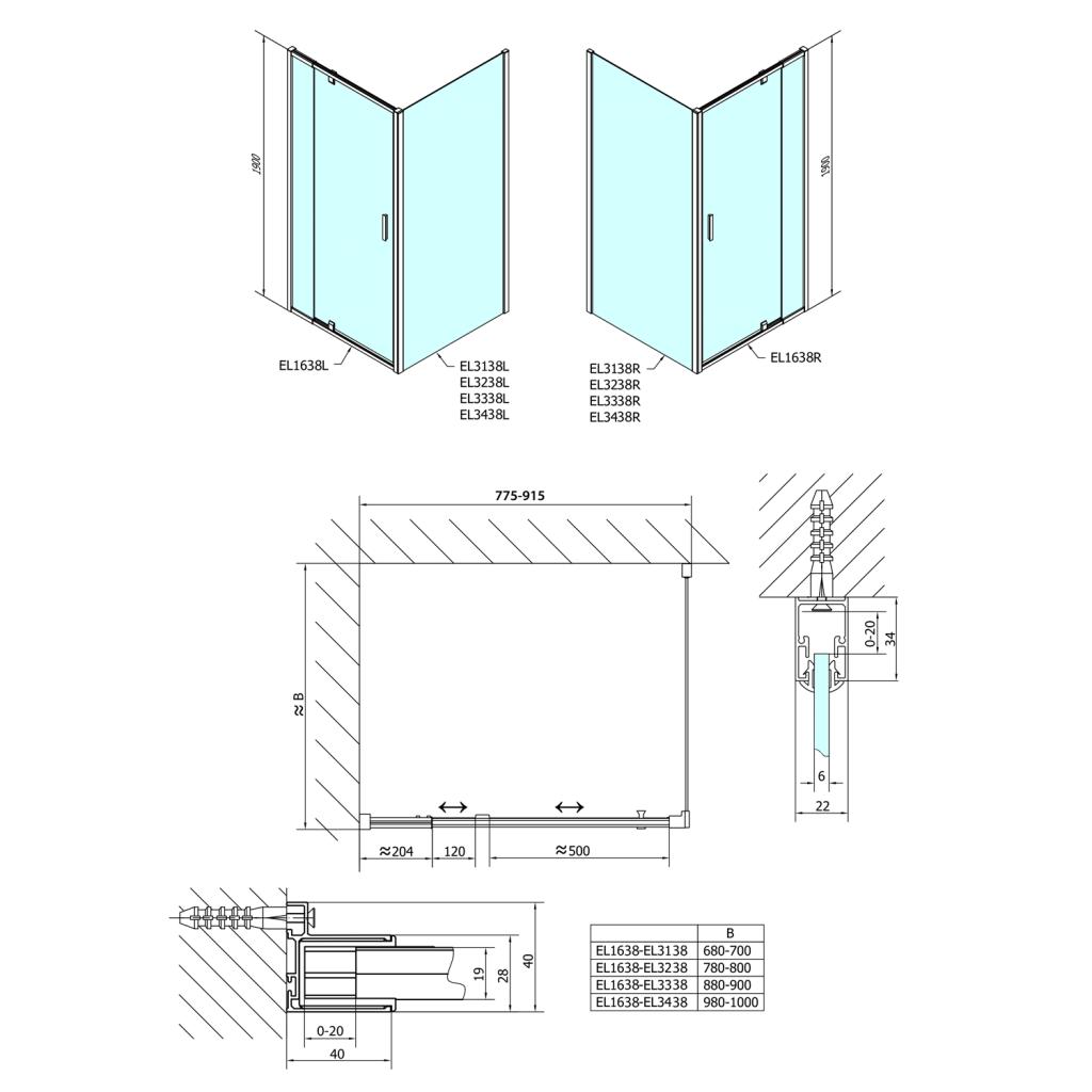 Obrázok POLYSAN - Easy Line obdĺžniková/štvorcová sprchová zástena pivot dvere 800-900x800mm,L/P,brick sklo EL1638EL3238