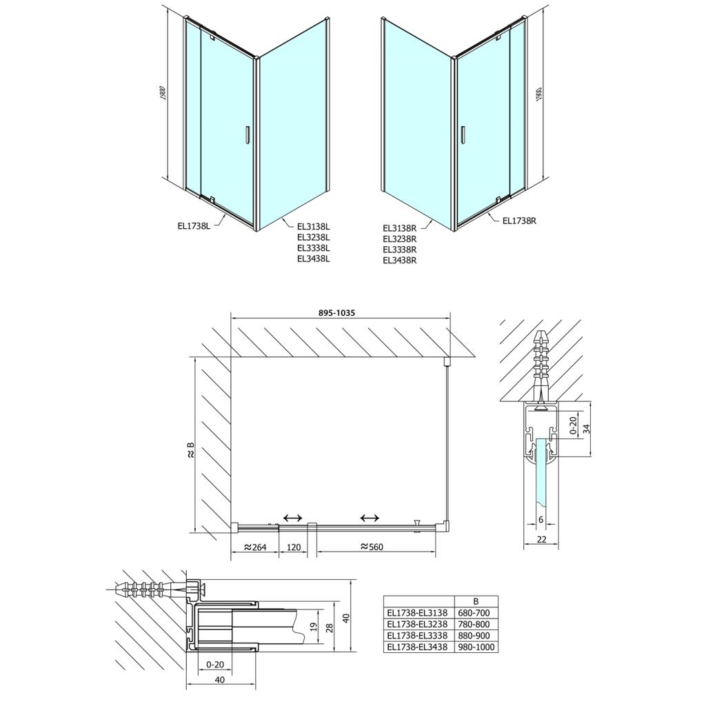 Obrázok POLYSAN - Easy Line obdĺžniková sprchová zástena pivot dvere 900-1000x800mm L/P varianta,brick sklo EL1738EL3238