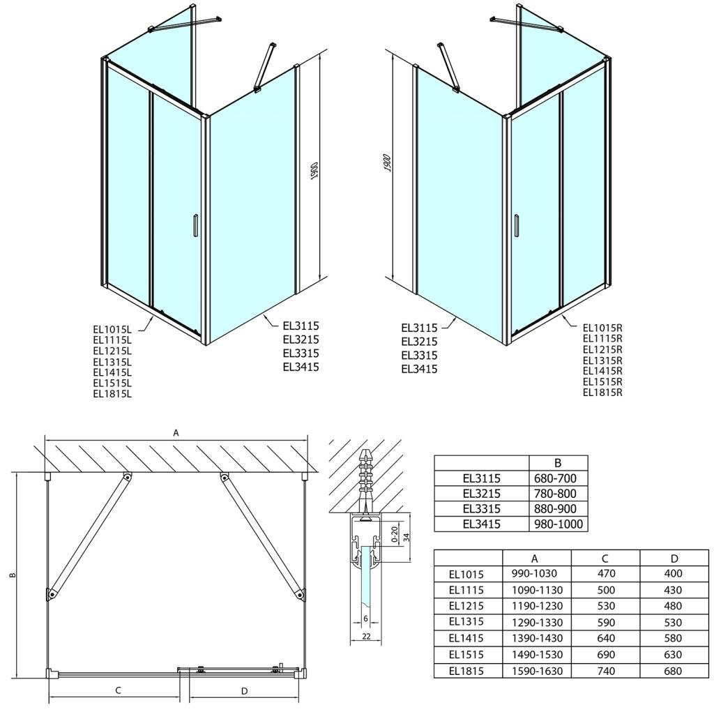 Obrázok POLYSAN - EASY LINE sprchový kout tri steny 1000x700mm, L/P varianta, číre sklo EL1015EL3115EL3115