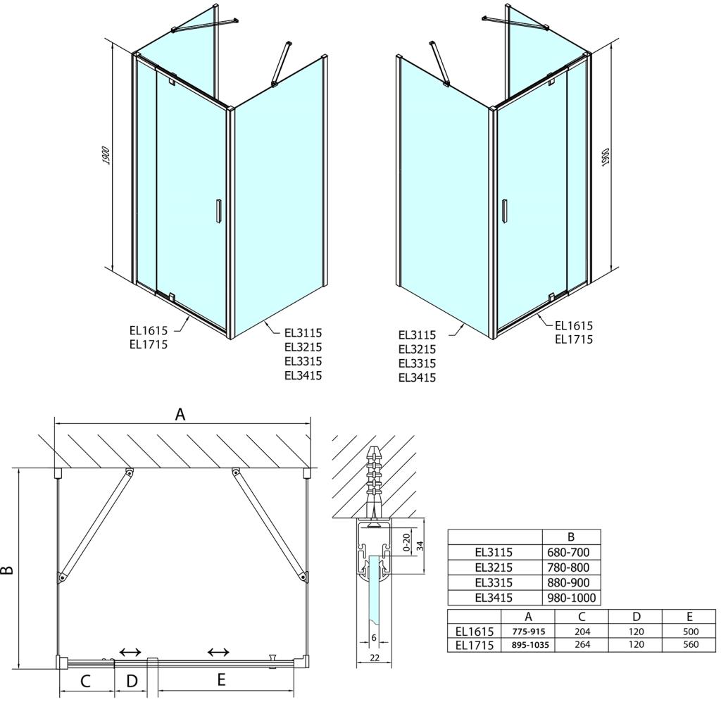 Obrázok POLYSAN - EASY LINE sprchový kout tri steny 800-900x700mm, pivot dvere L/P varianta, číre sklo EL1615EL3115EL3115