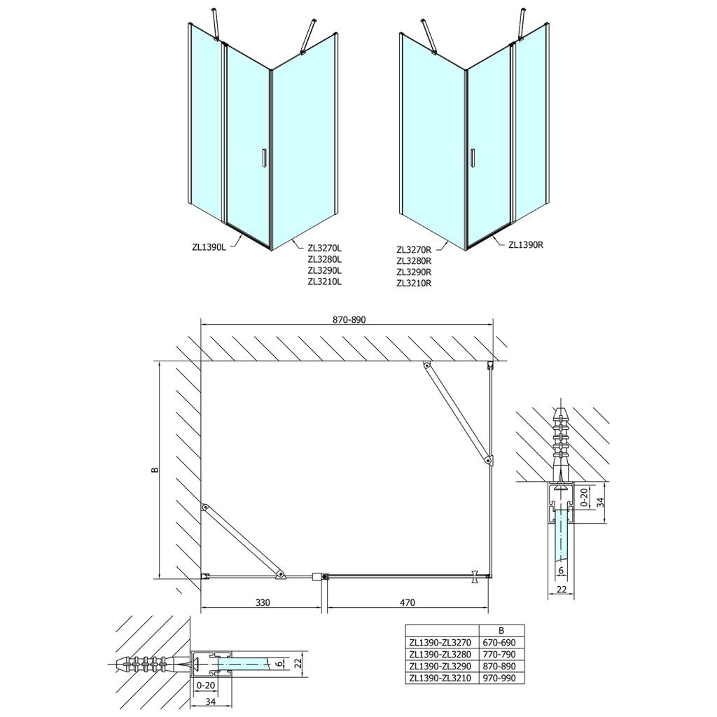 Obrázok POLYSAN - Zoom Line obdĺžniková sprchová zástena 900x700mm, L/P varianta ZL1390ZL3270