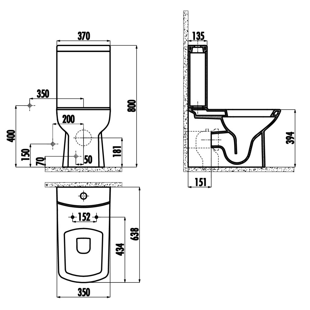 Obrázok SAPHO - LARA WC kombi, spodný/zadný odpad, splachovací mechanizmus, čierna matná LR360