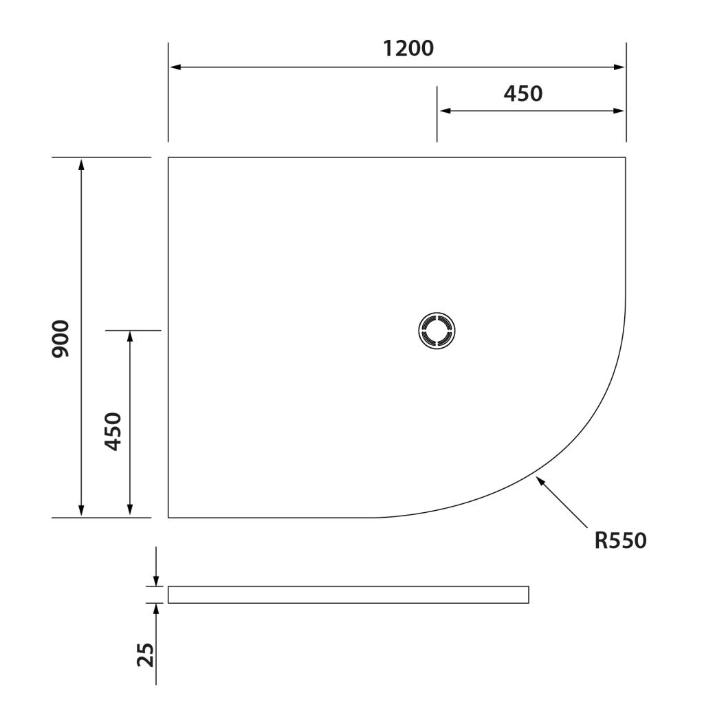 Obrázok Polysan FLEXIA 120x90x3cm sprchová vanička z liateho mramoru štvrťkruh, s možnosťou úpravy rozmeru, R550, ľavá