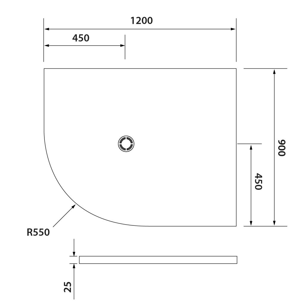 Obrázok Polysan FLEXIA 120x90x3cm sprchová vanička z liateho mramoru štvrťkruh, s možnosťou úpravy rozmeru, R550, pravá