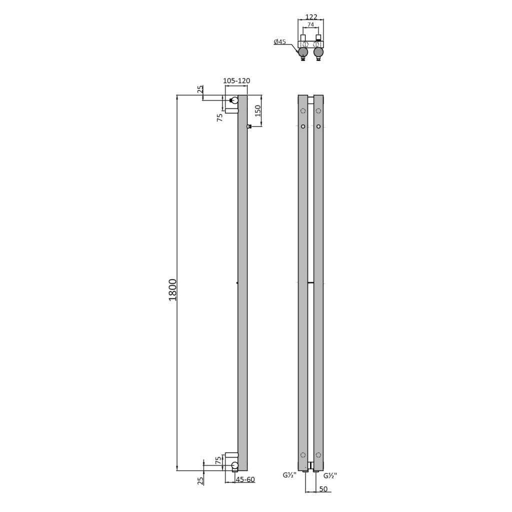 Obrázok SAPHO - PILON vykurovacie teleso 122x1800 mm, so 2 háčikmi, čierna matná IZ124